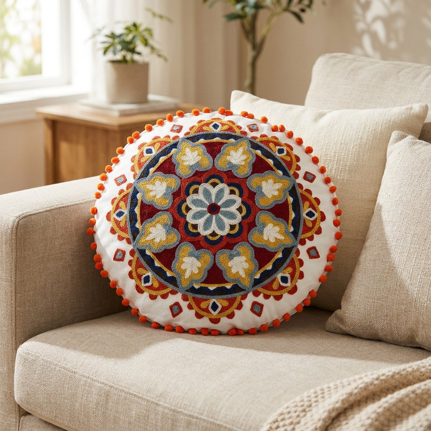 Housse de coussin ronde brodée mandala rouge et doré posée sur un canapé en lin beige