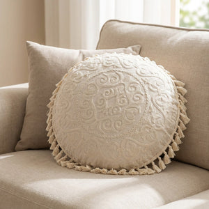 Housse de coussin ronde brodée mandala modèle Ivoire Brodé filigrane écru avec pompons
