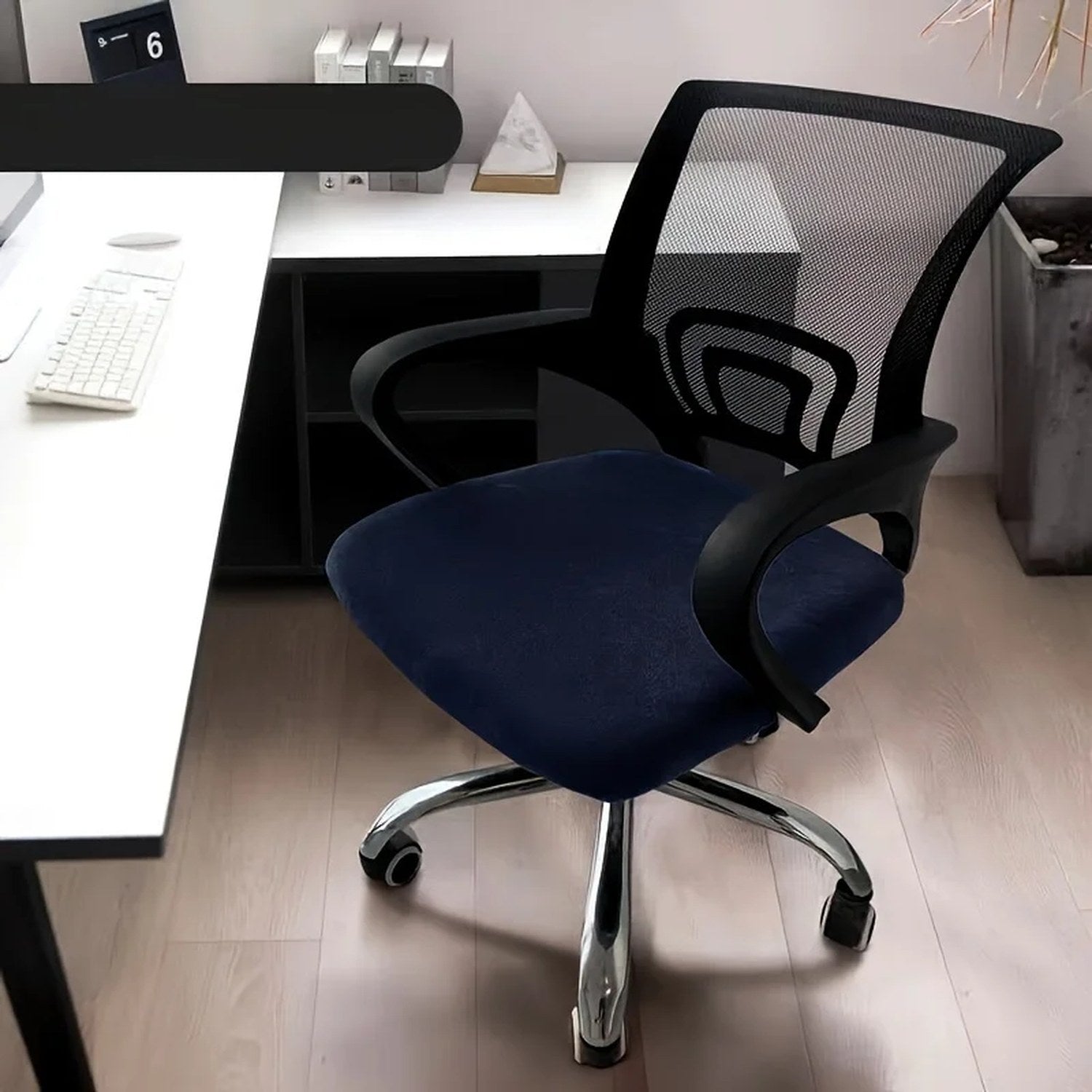 Housse d'assise de chaise de bureau en velours bleu marine