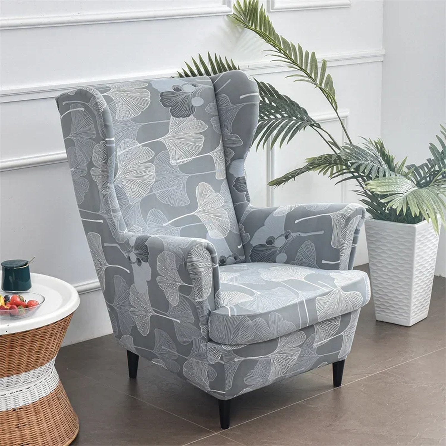 Housse de fauteuil à oreilles motif feuillage bleu