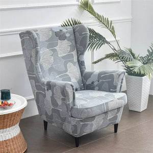Housse de fauteuil à oreilles motif feuillage bleu
