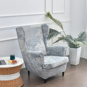 Housse de fauteuil à oreilles motif feuillage gris