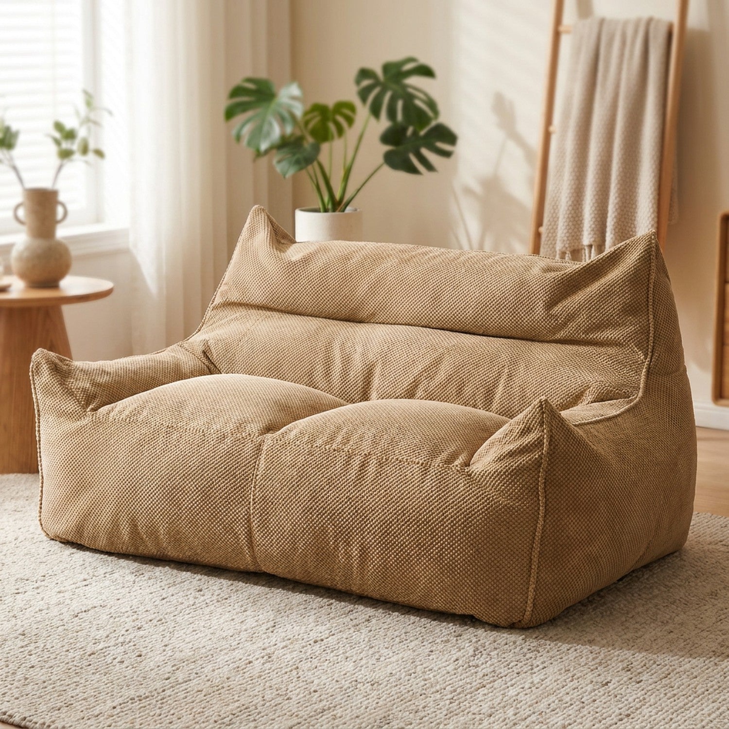 Housse de canapé poire deux places en coton gaufré kaki dans un salon cosy