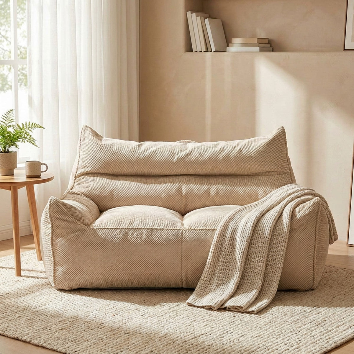 Housse de pouf poire beige installée dans un salon lumineux avec plaid et plante
