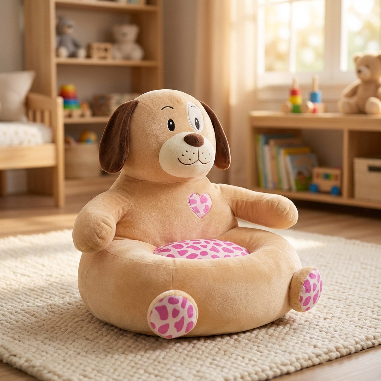 Housse de pouf enfant en forme de chien beige en peluche