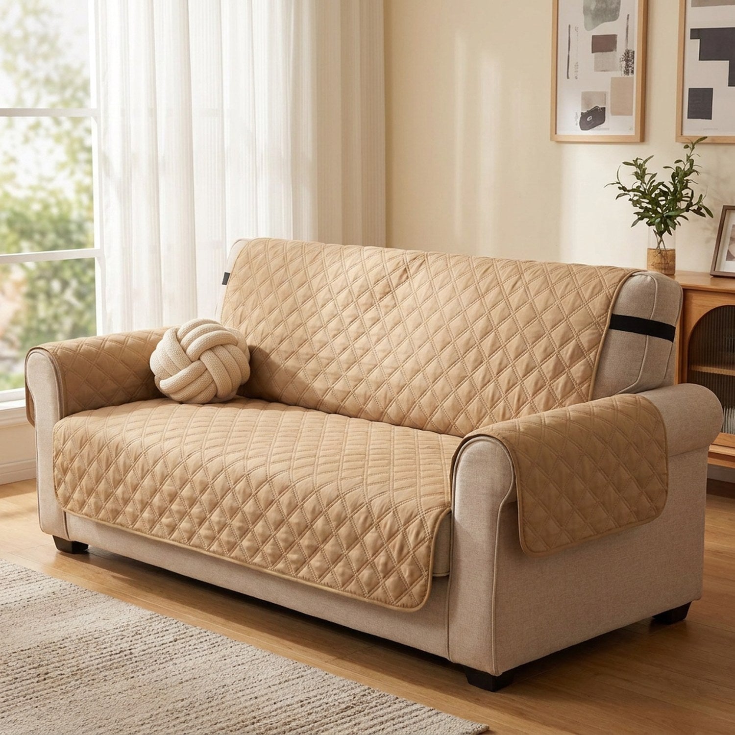 Housse de canapé matelassée beige près d'une fenêtre lumineuse