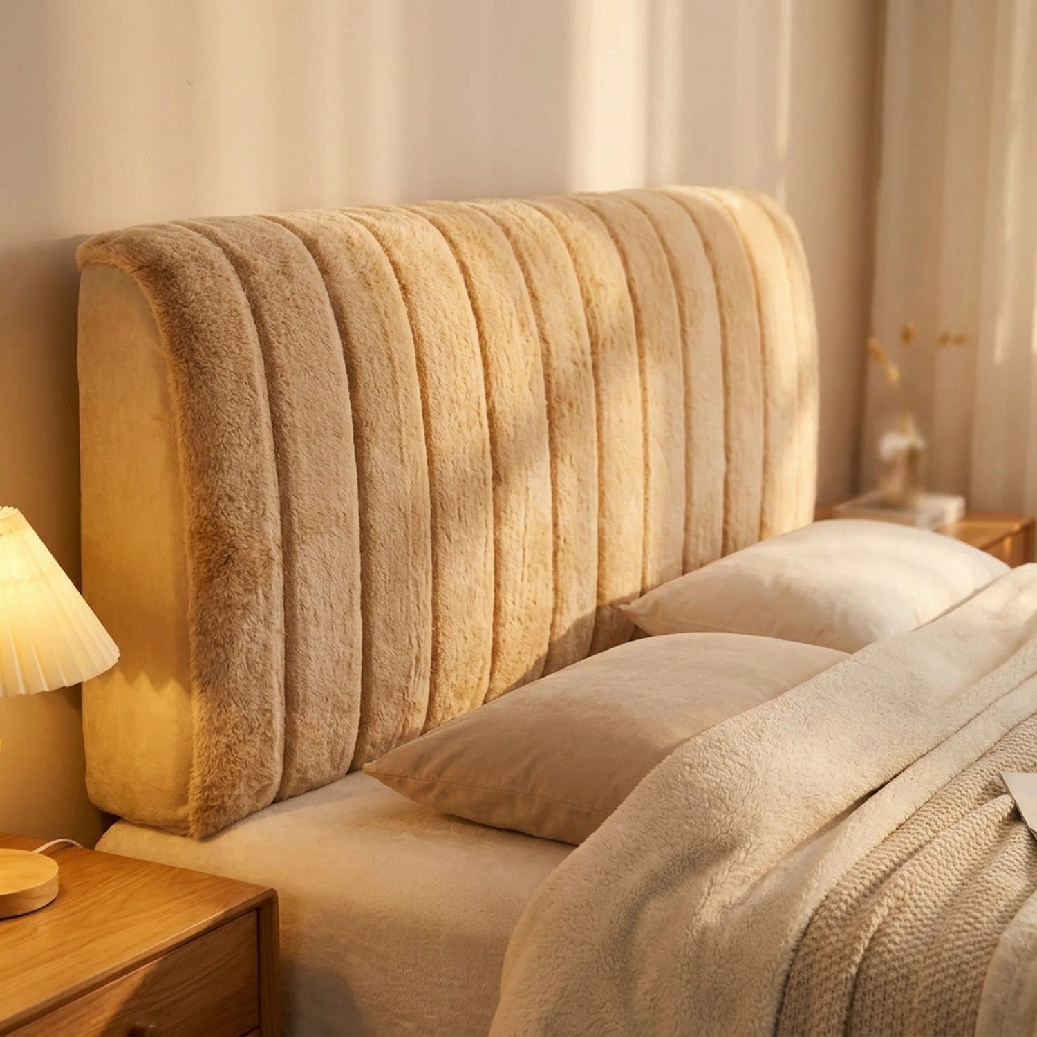 Housse de tête de lit en peluche beige dans une chambre chaleureuse à la lumière dorée