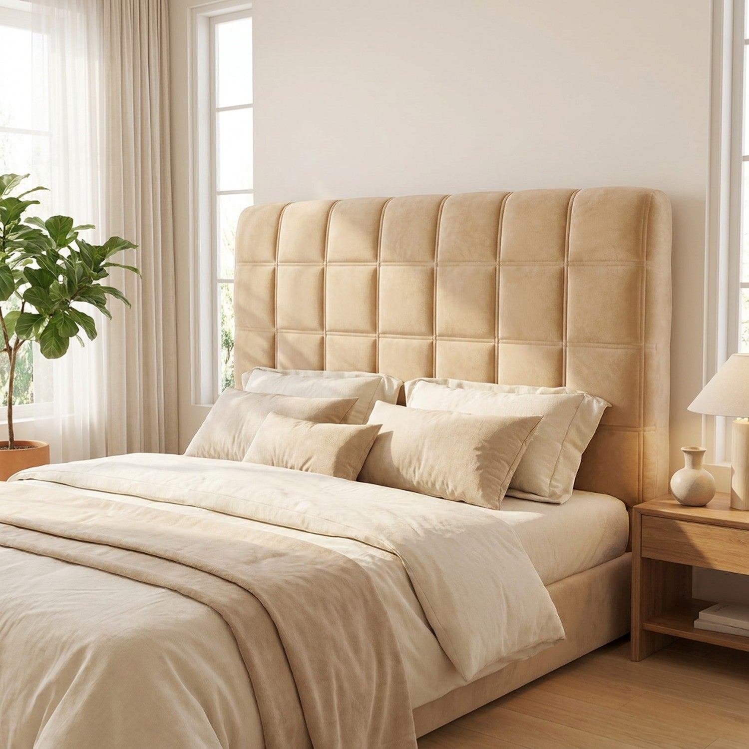 Housse de tête de lit capitonnée beige dans une chambre lumineuse avec plante verte