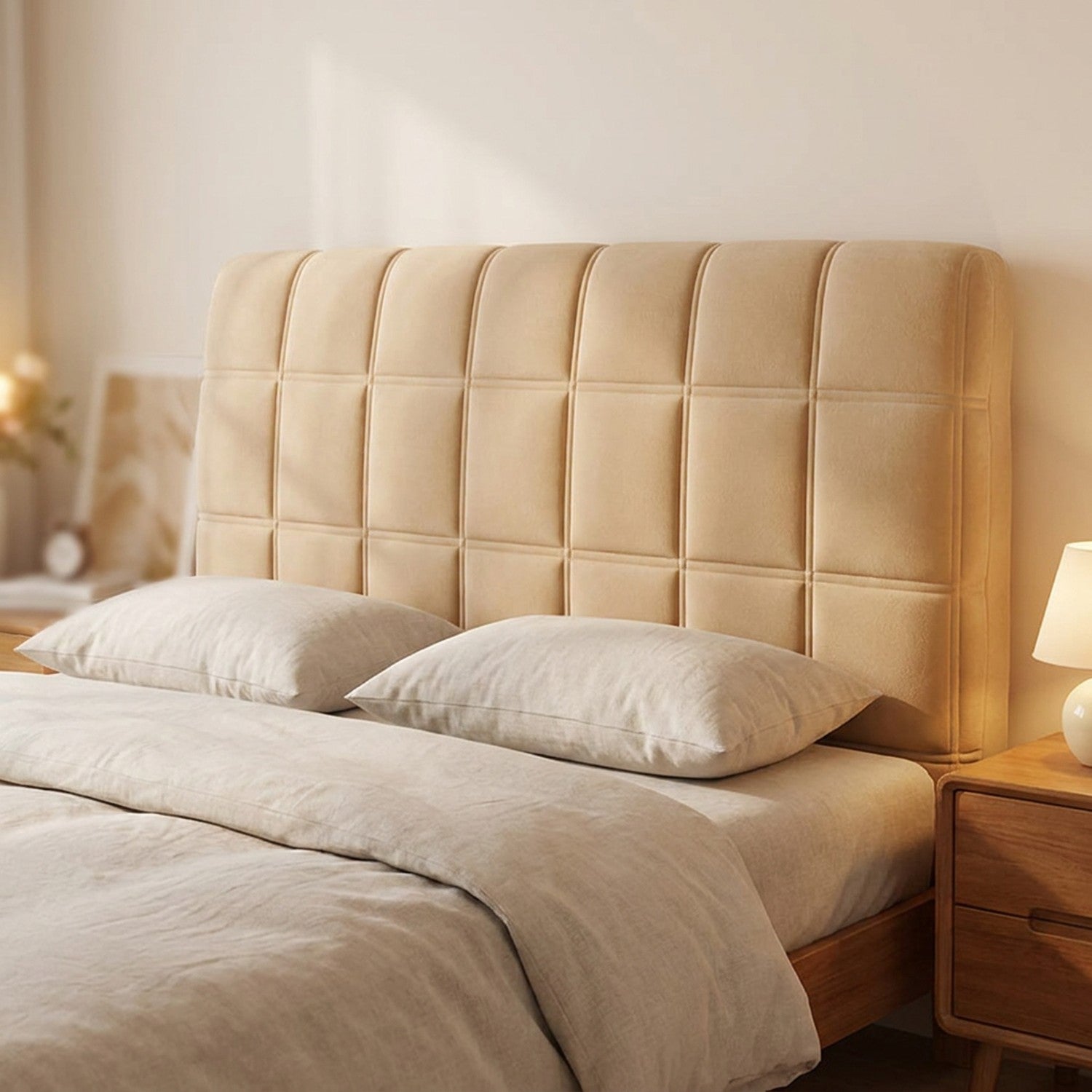 Housse de tête de lit capitonnée en velours beige installée sur un lit dans une chambre chaleureuse