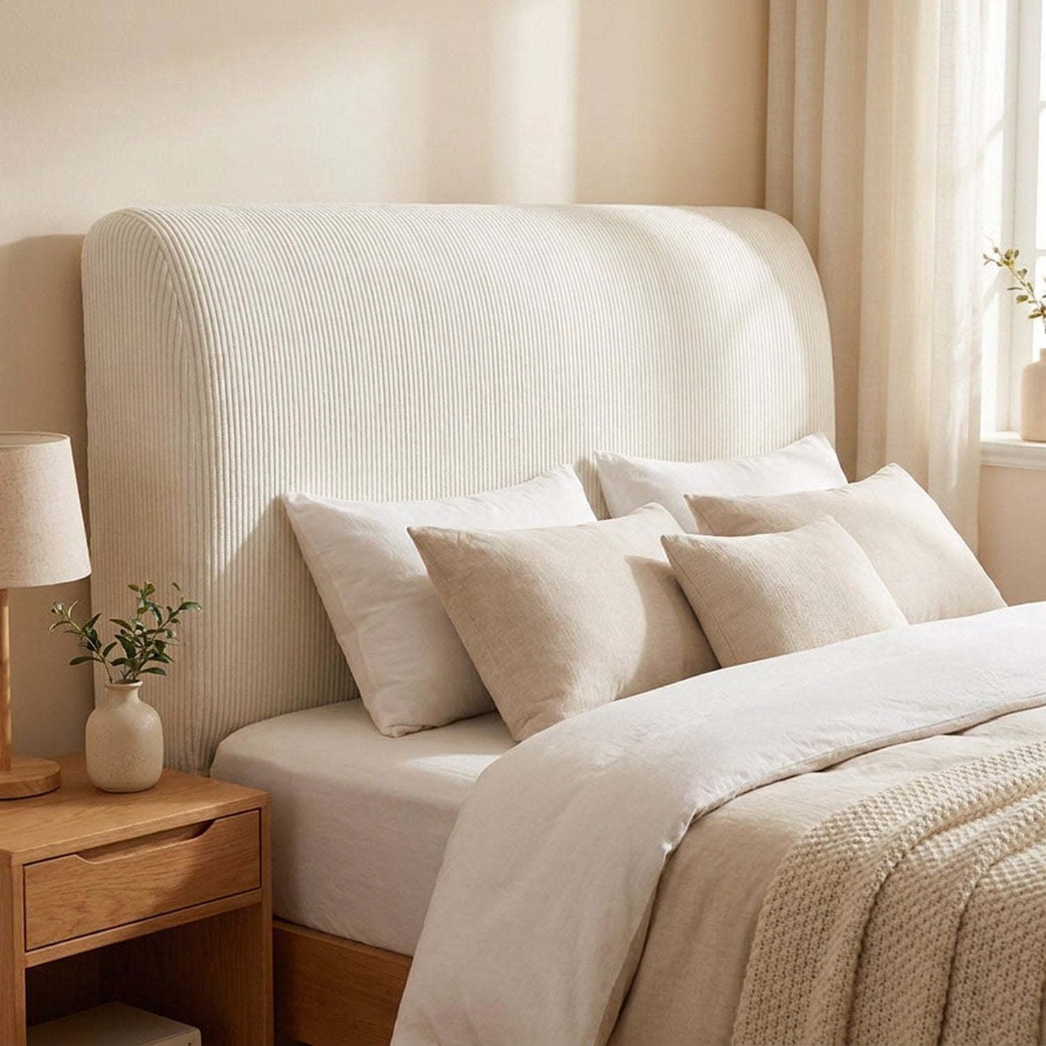 Housse de tête de lit en velours côtelé blanc sur un lit dans une chambre douce