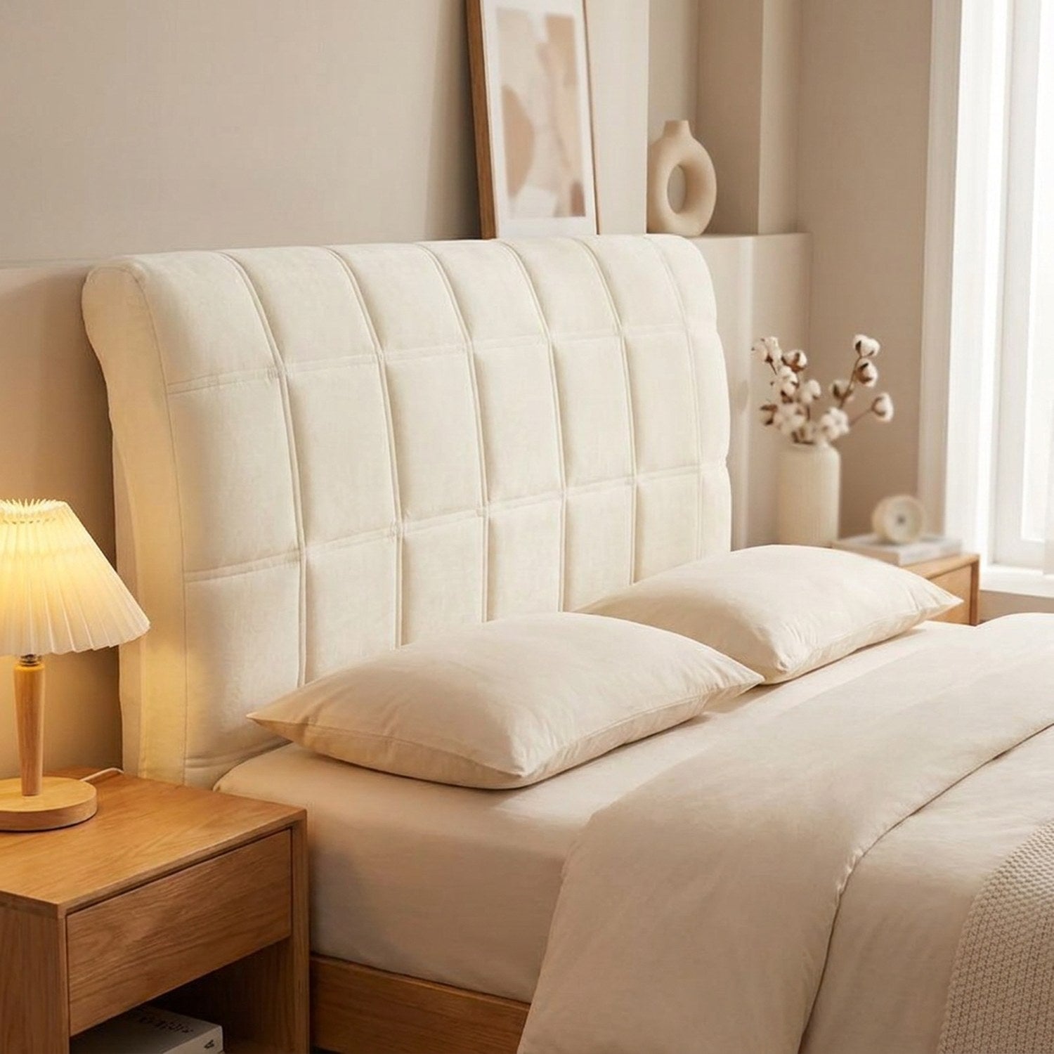 Housse de tête de lit matelassée en velours écru
