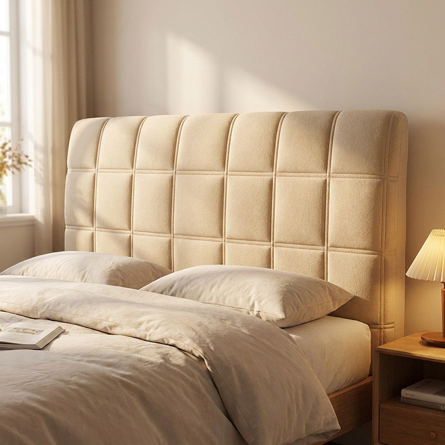 Housse de tête de lit beige matelassée installée sur un lit dans une chambre lumineuse