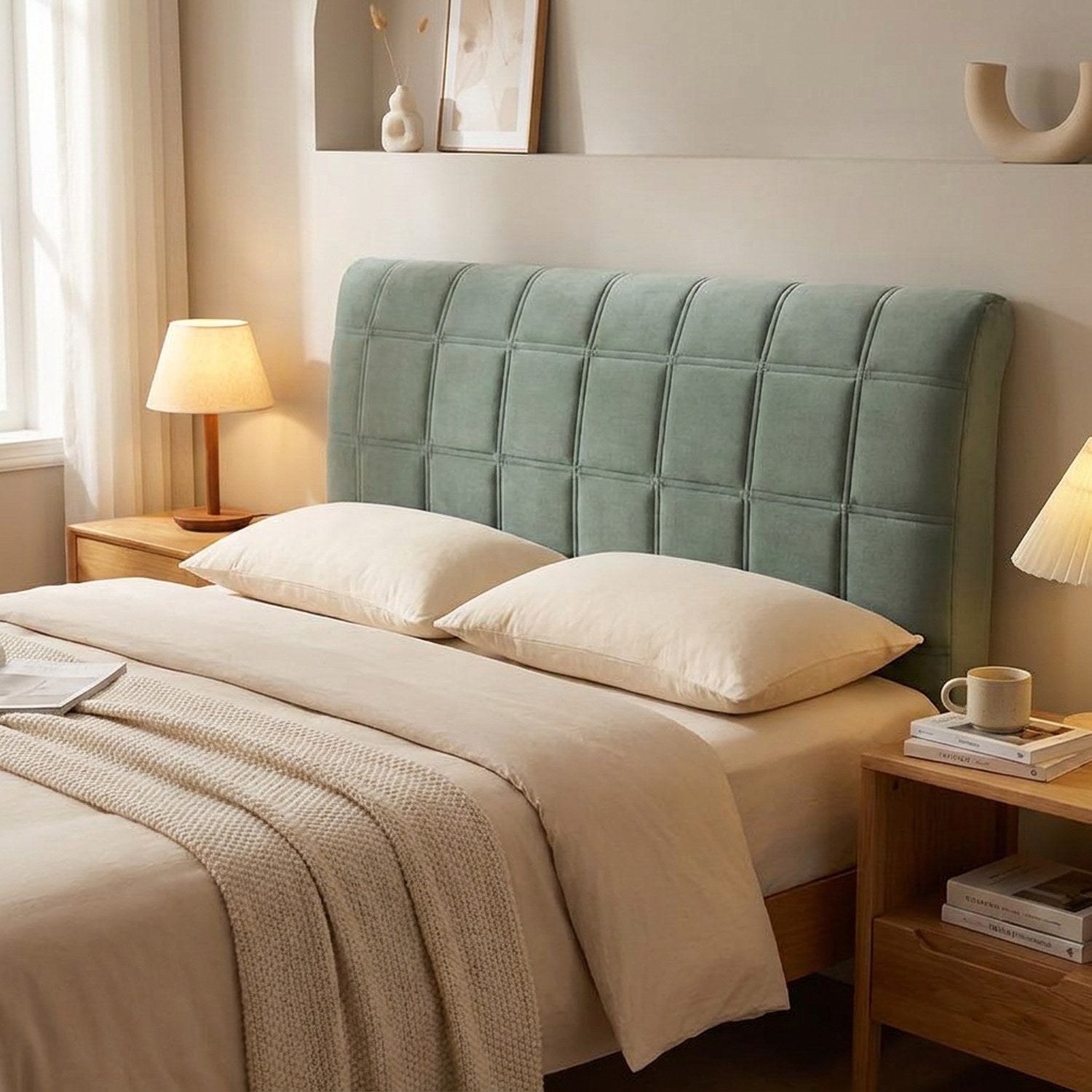 Housse de tête de lit matelassée en velours vert sauge