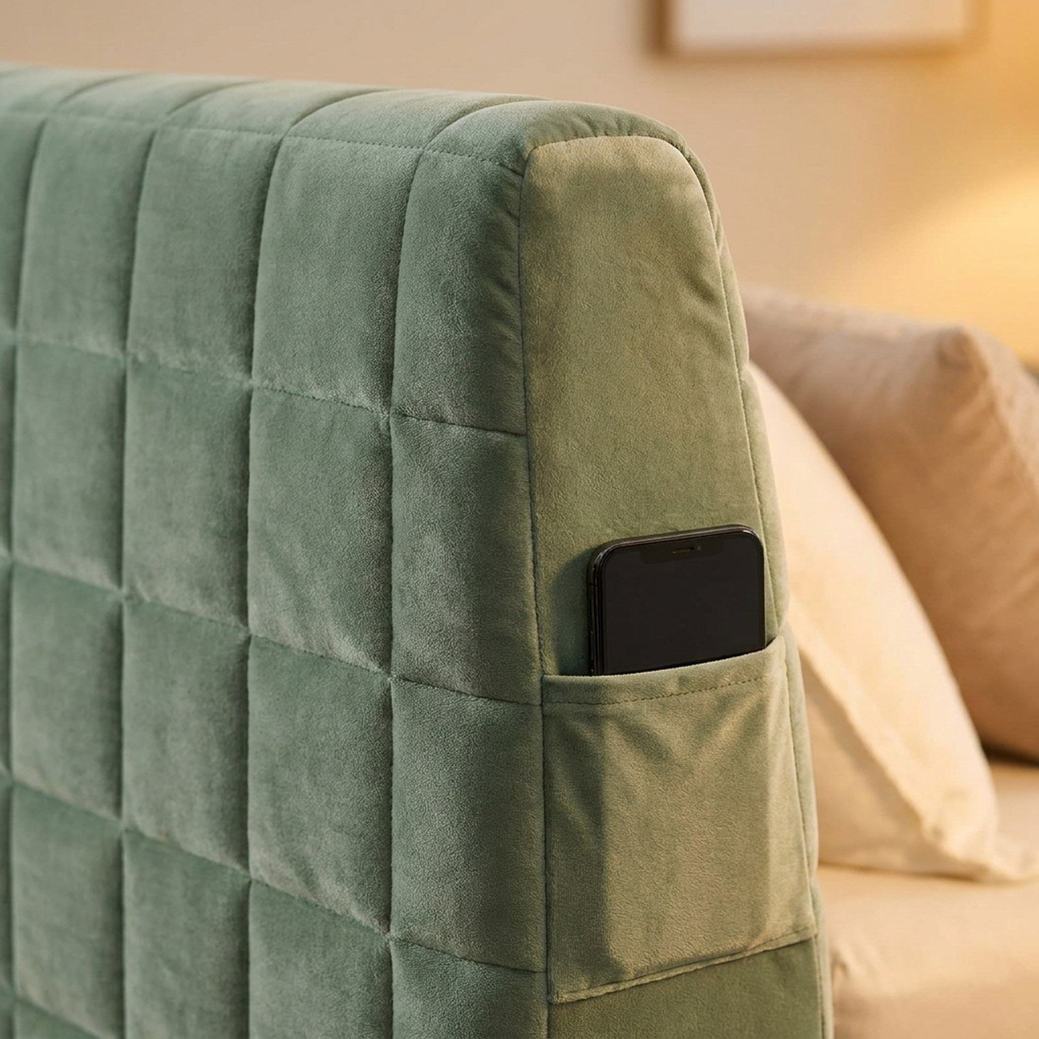 Détail du velours matelassé et de la poche latérale de la housse de tête de lit