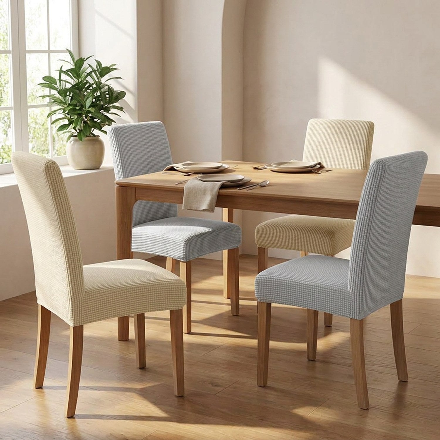 housses de chaise en maille jacquard gris et beige dans une salle à manger moderne