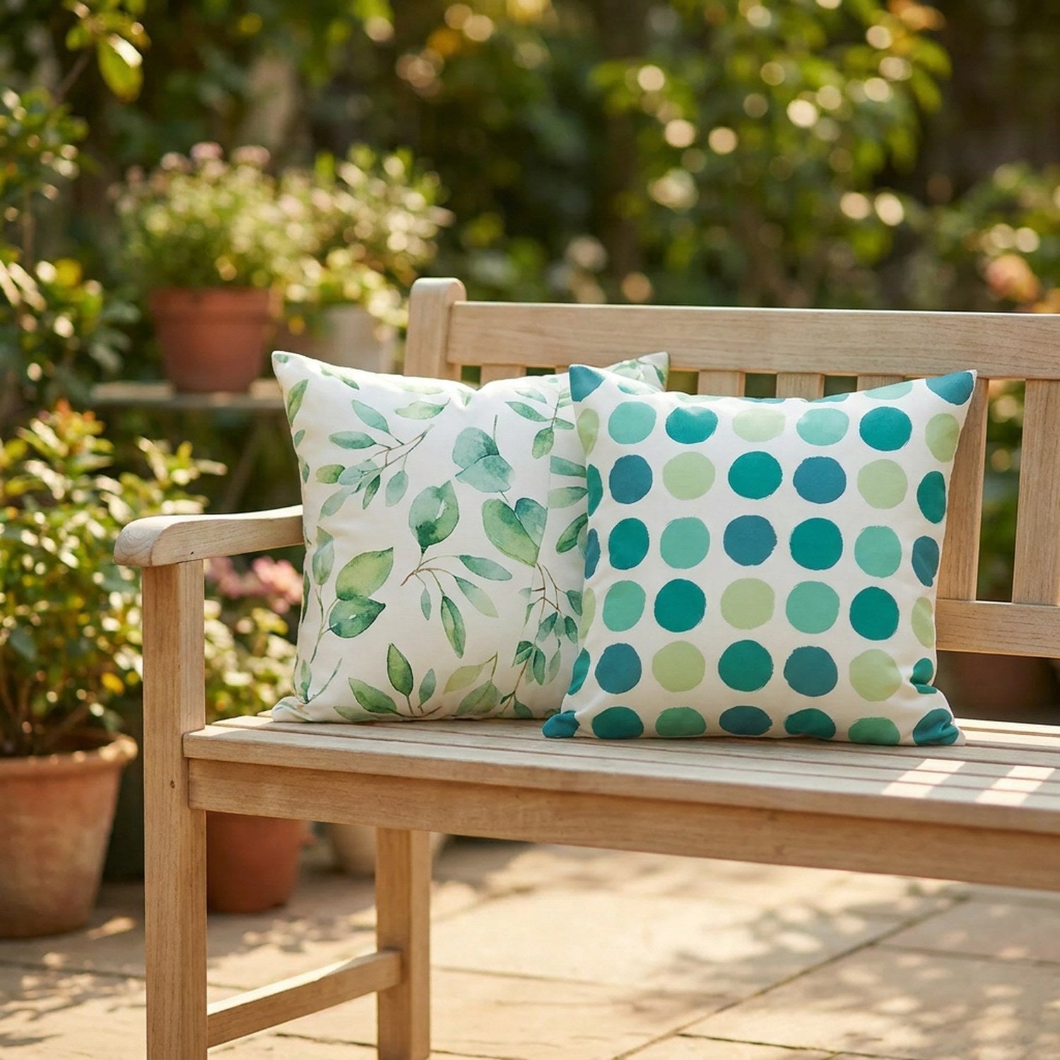 Deux housses de coussin vertes sur un banc de jardin en bois sur une terrasse ensoleillée