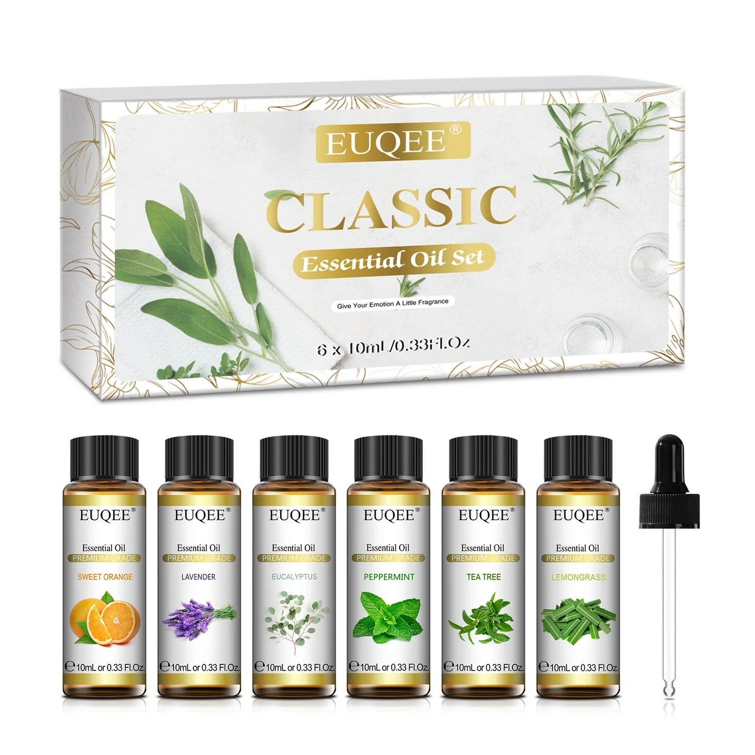 Coffret EUQEE Classic Essential Oil Set avec les six flacons et le compte-gouttes sur fond blanc