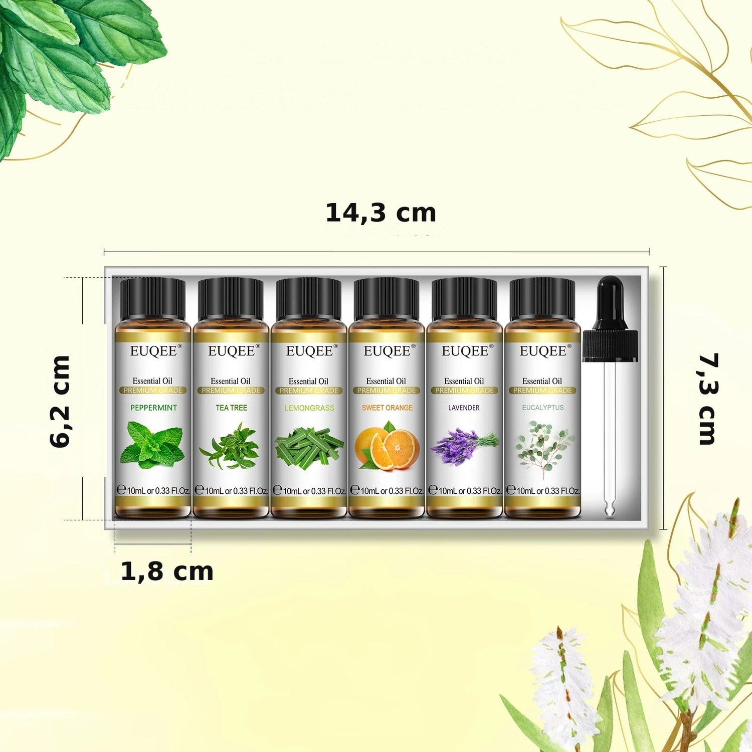 Dimensions du coffret d'huiles essentielles en centimètres avec les six flacons étiquetés