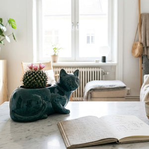 Cache-pot chat vert foncé céramique avec cactus sur bureau marbre blanc intérieur scandinave
