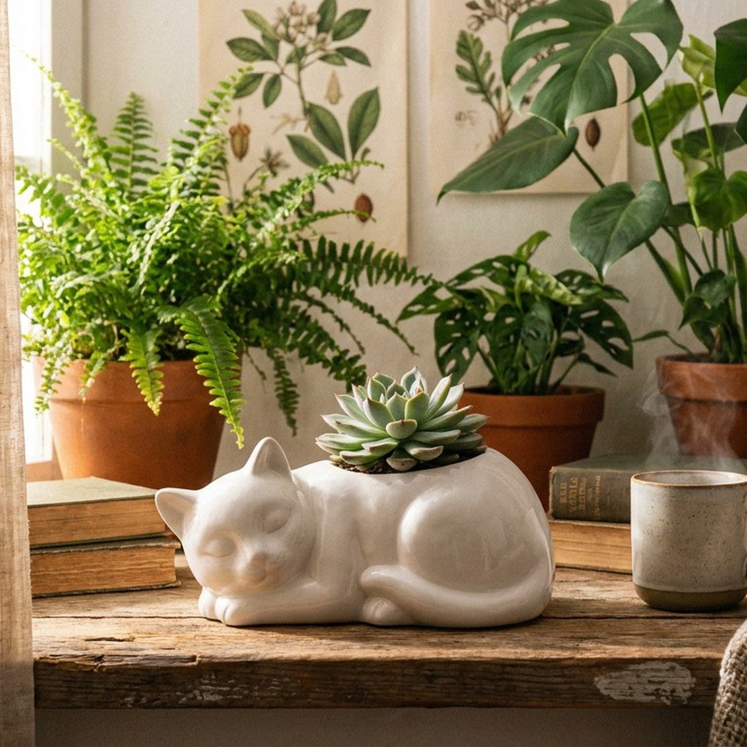 Cache-pot chat blanc en céramique avec succulente sur rebord de fenêtre en bois