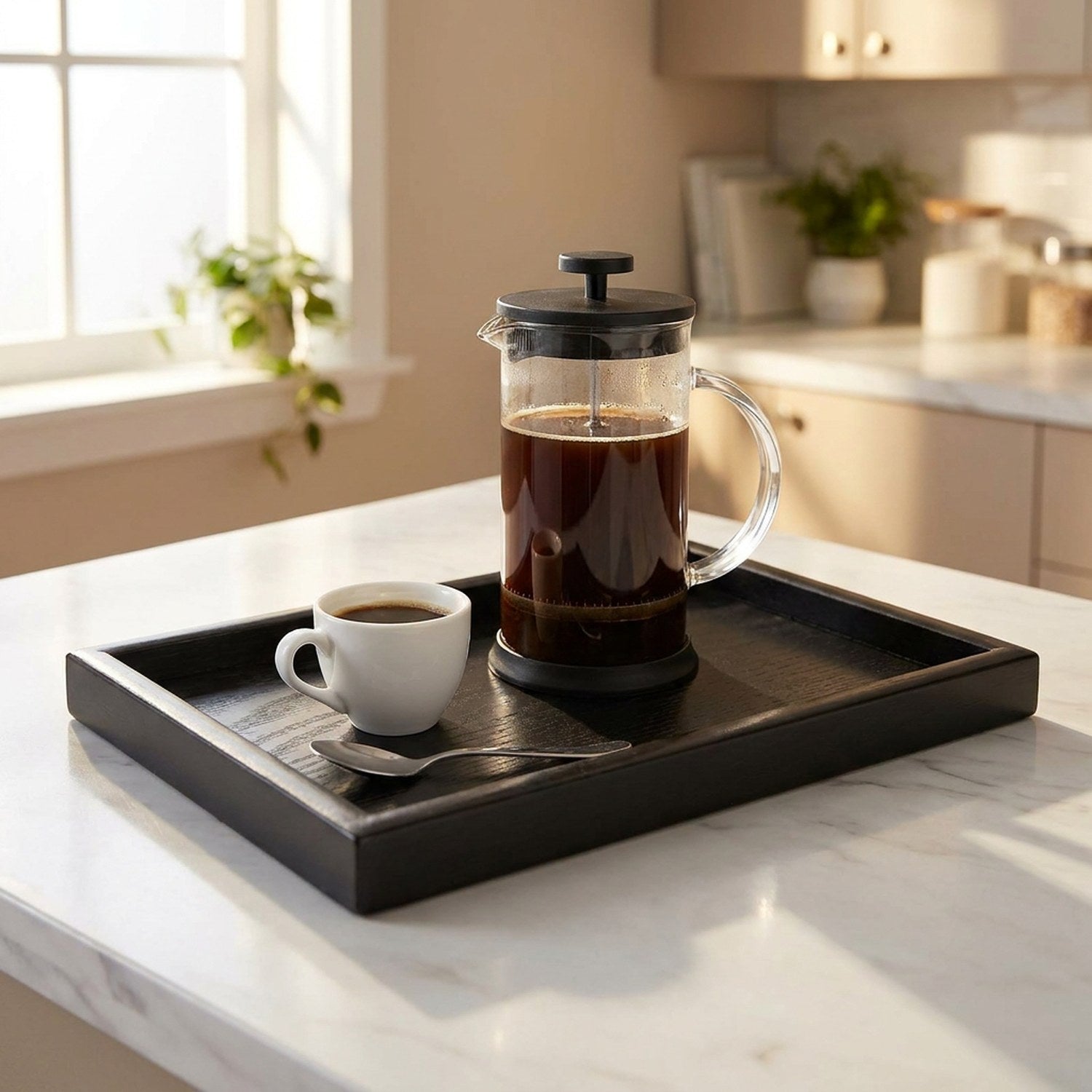 Plateau de service noir sur plan de travail marbre avec cafetière et tasse