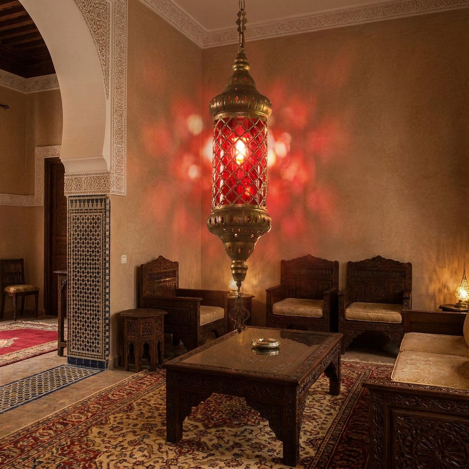 Lustre marocain vitrail et fer forgé style rétro