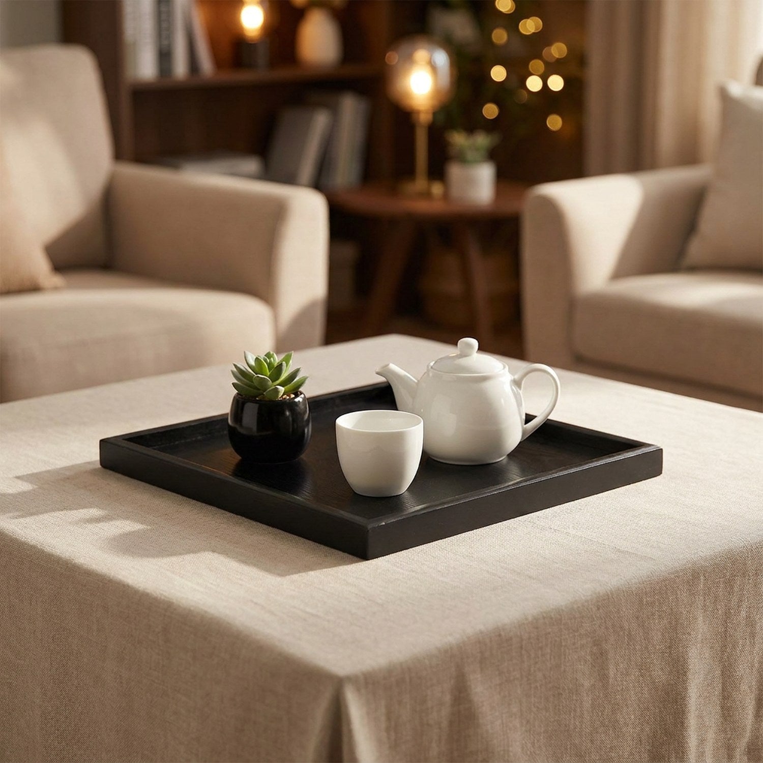 Plateau de service carré 30×30 cm bois massif noir sur table basse