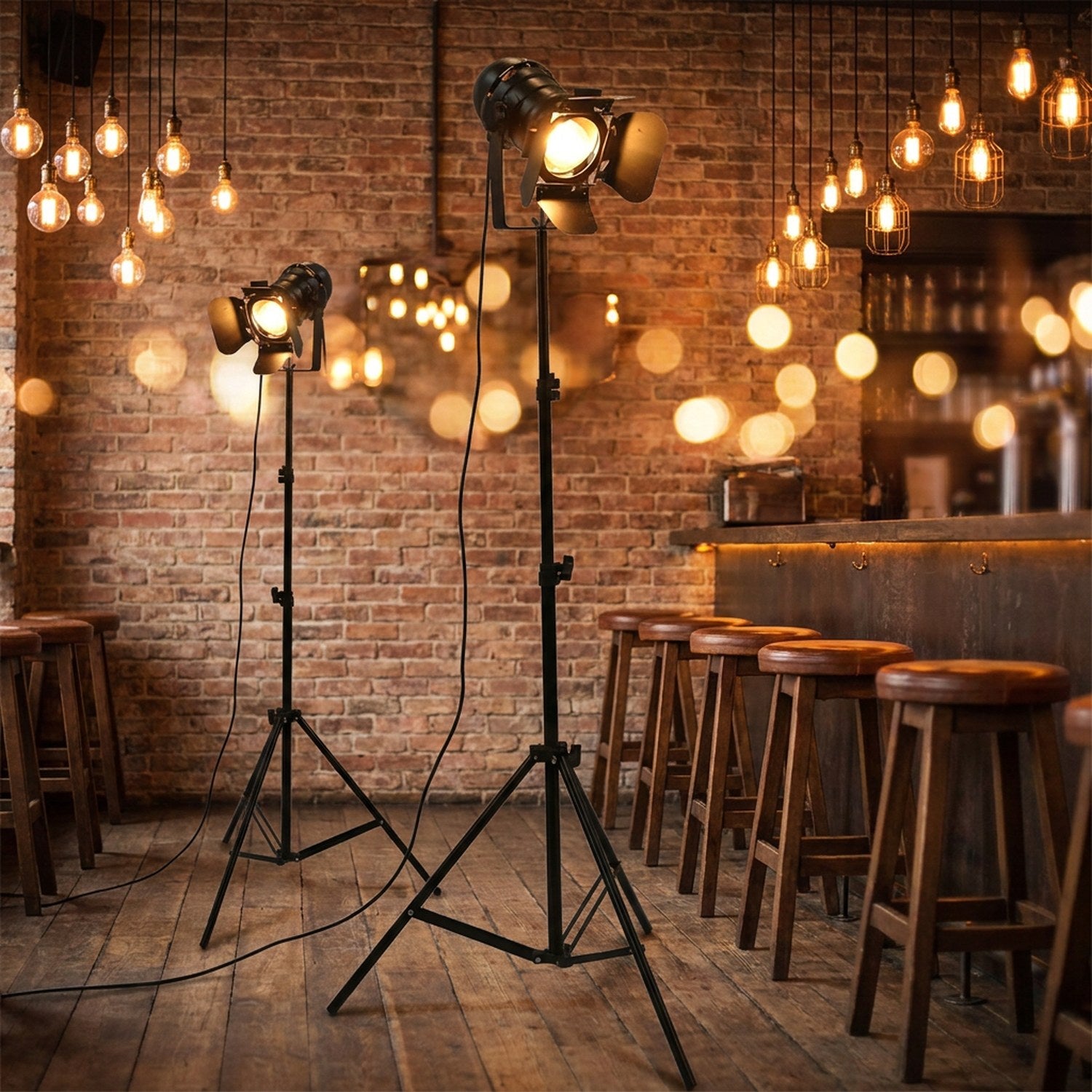 Lampadaire trépied noir dans un atelier créatif moderne