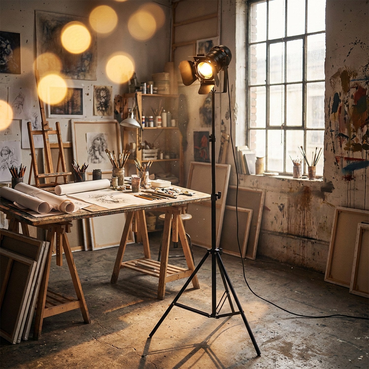 Trépied projecteur noir dans un loft design parisien