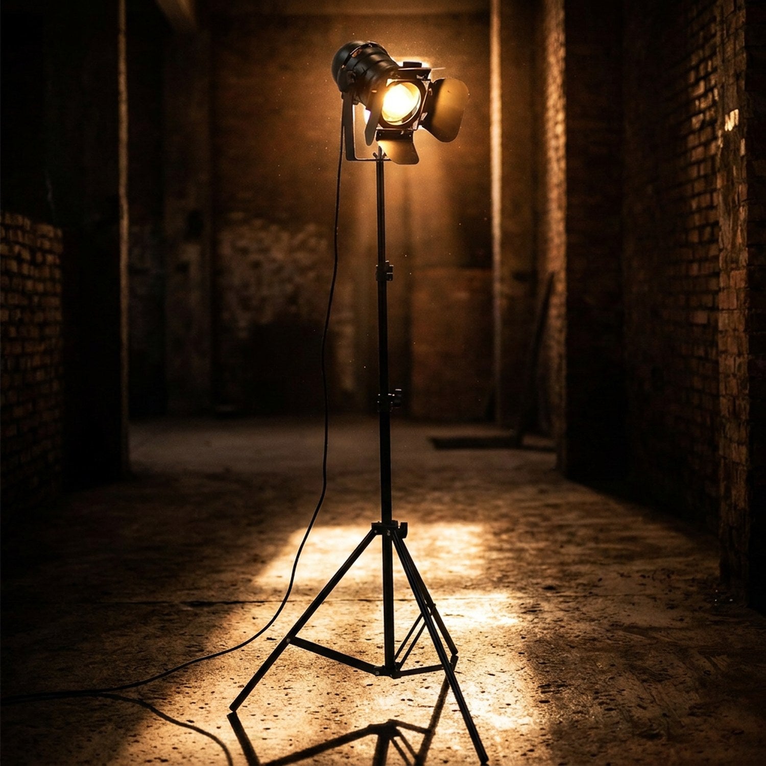 Projecteur trépied noir dans une chambre lumineuse