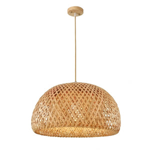 Suspension dôme bambou tressé 26 cm motif losange base bois sur fond blanc
