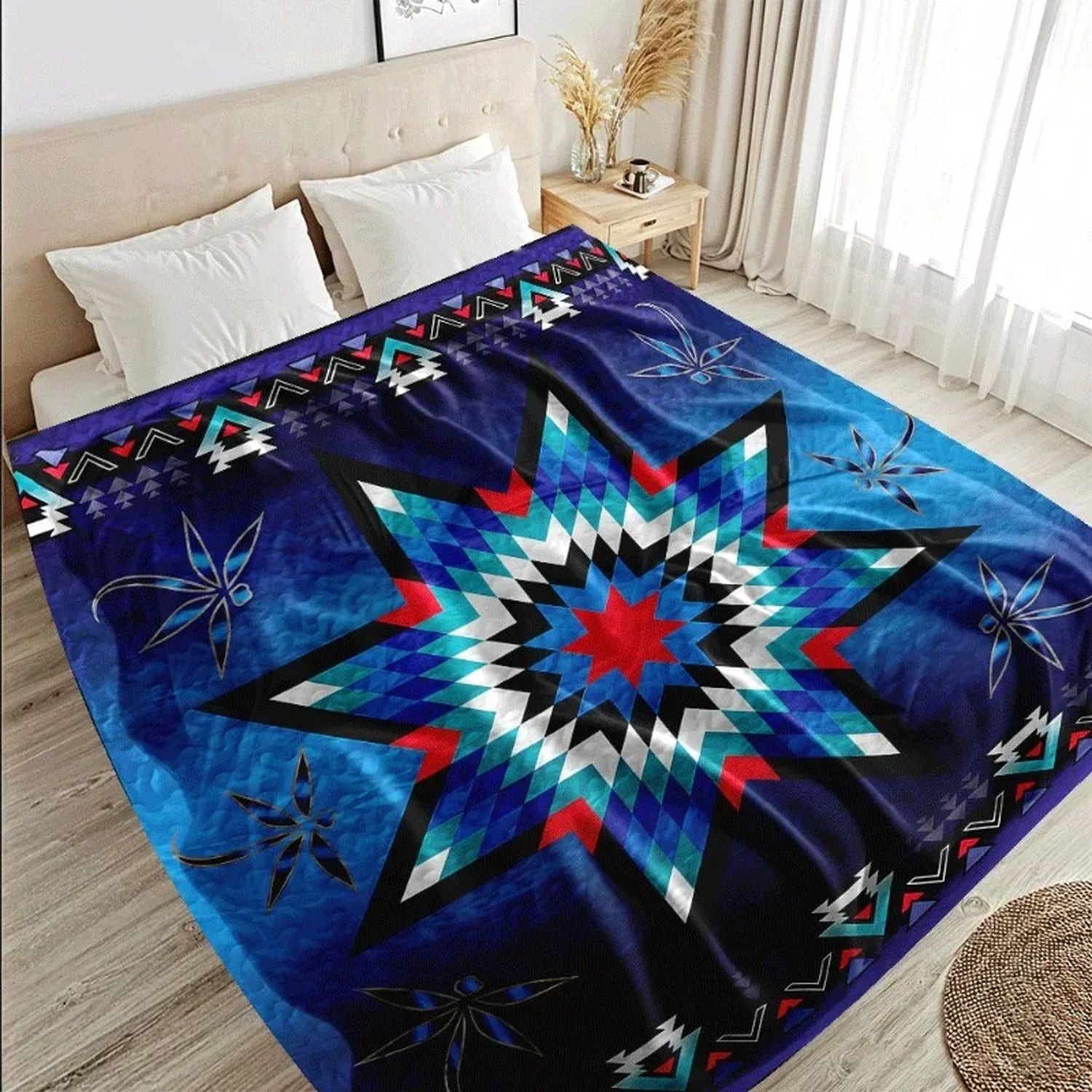 Couvre-lit amérindien à motif étoile posé sur un lit dans une chambre lumineuse