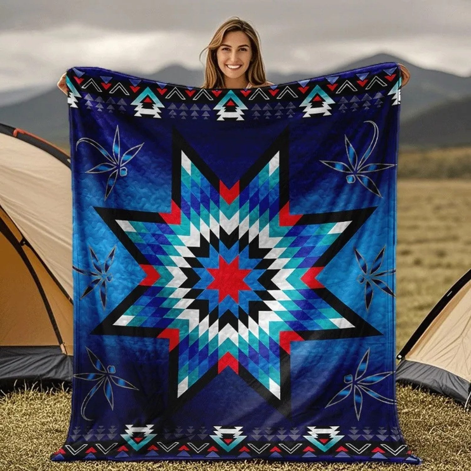 Grande couverture polaire à motif étoile amérindienne tenue à deux mains en plein air