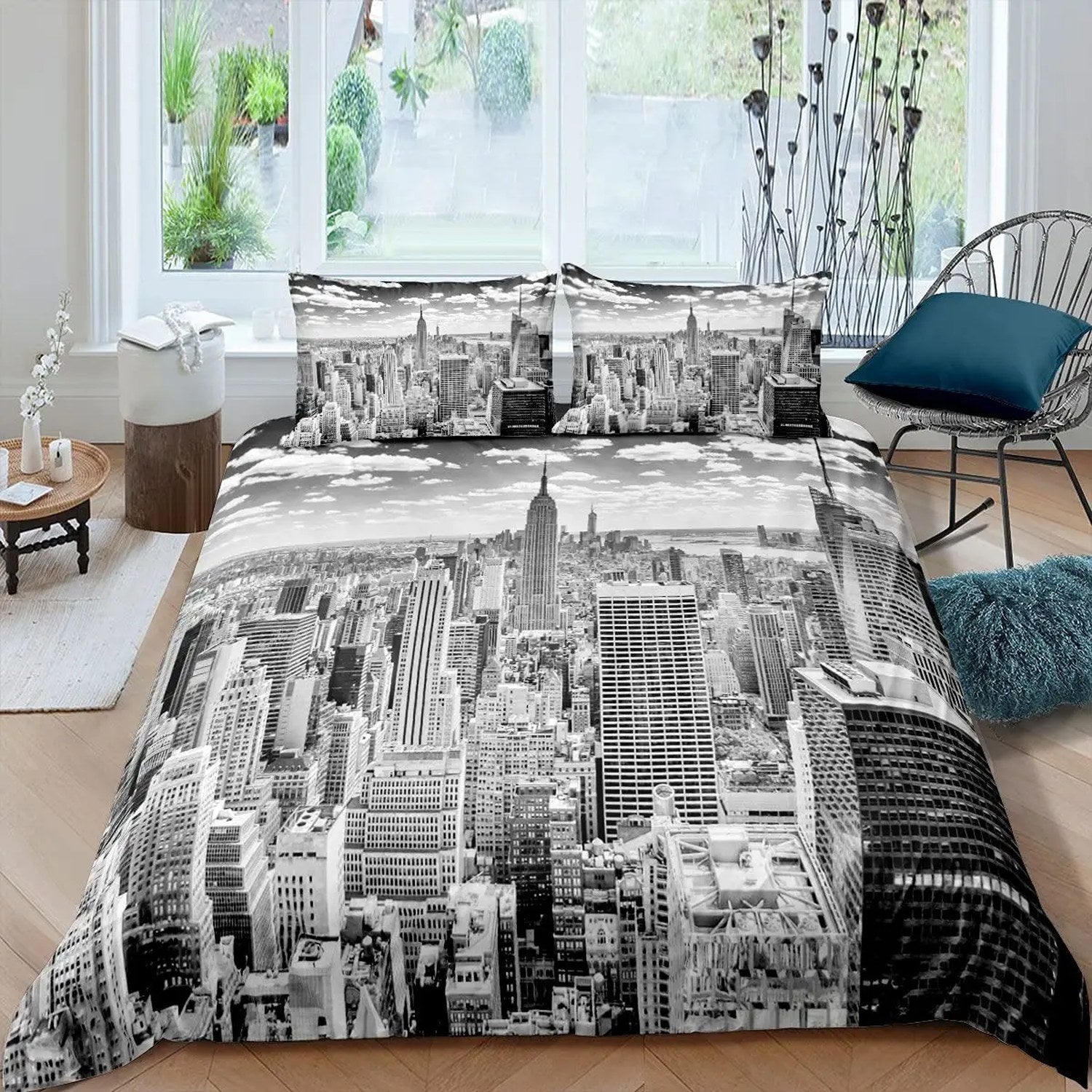 Parure de lit New York skyline de Manhattan en noir et blanc sur un lit