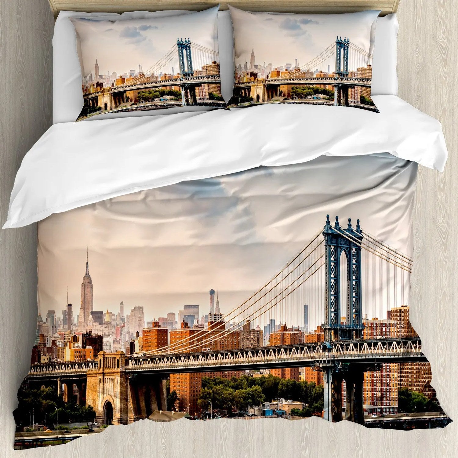 Parure de lit New York pont de Manhattan de jour sur un lit lumineux