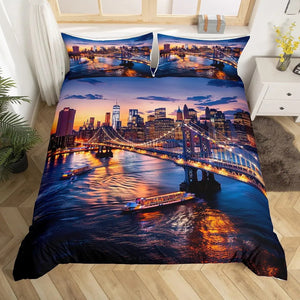 Parure de lit New York pont de Brooklyn au coucher de soleil sur un lit