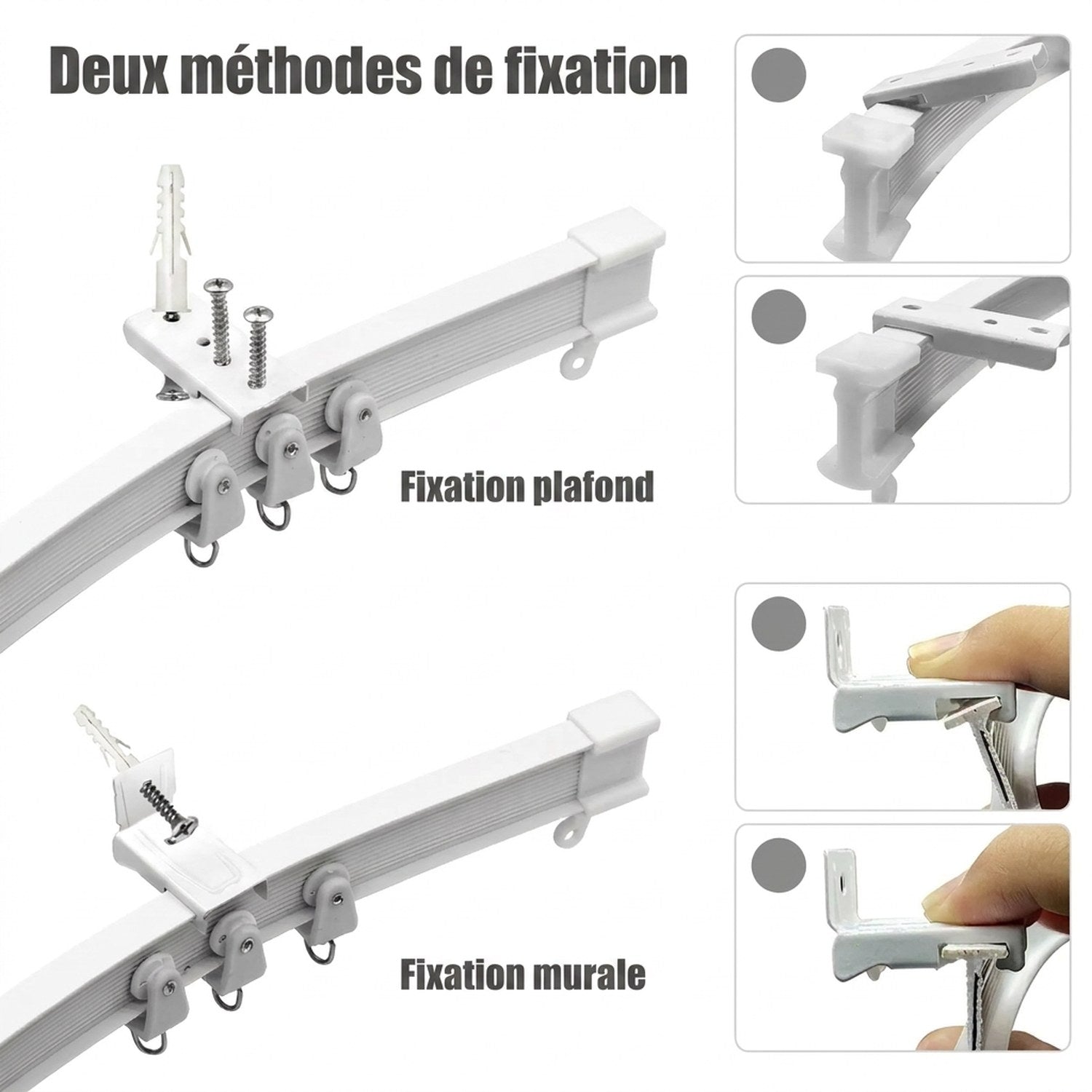 Schéma des deux méthodes de fixation du rail de rideau, plafond ou mur