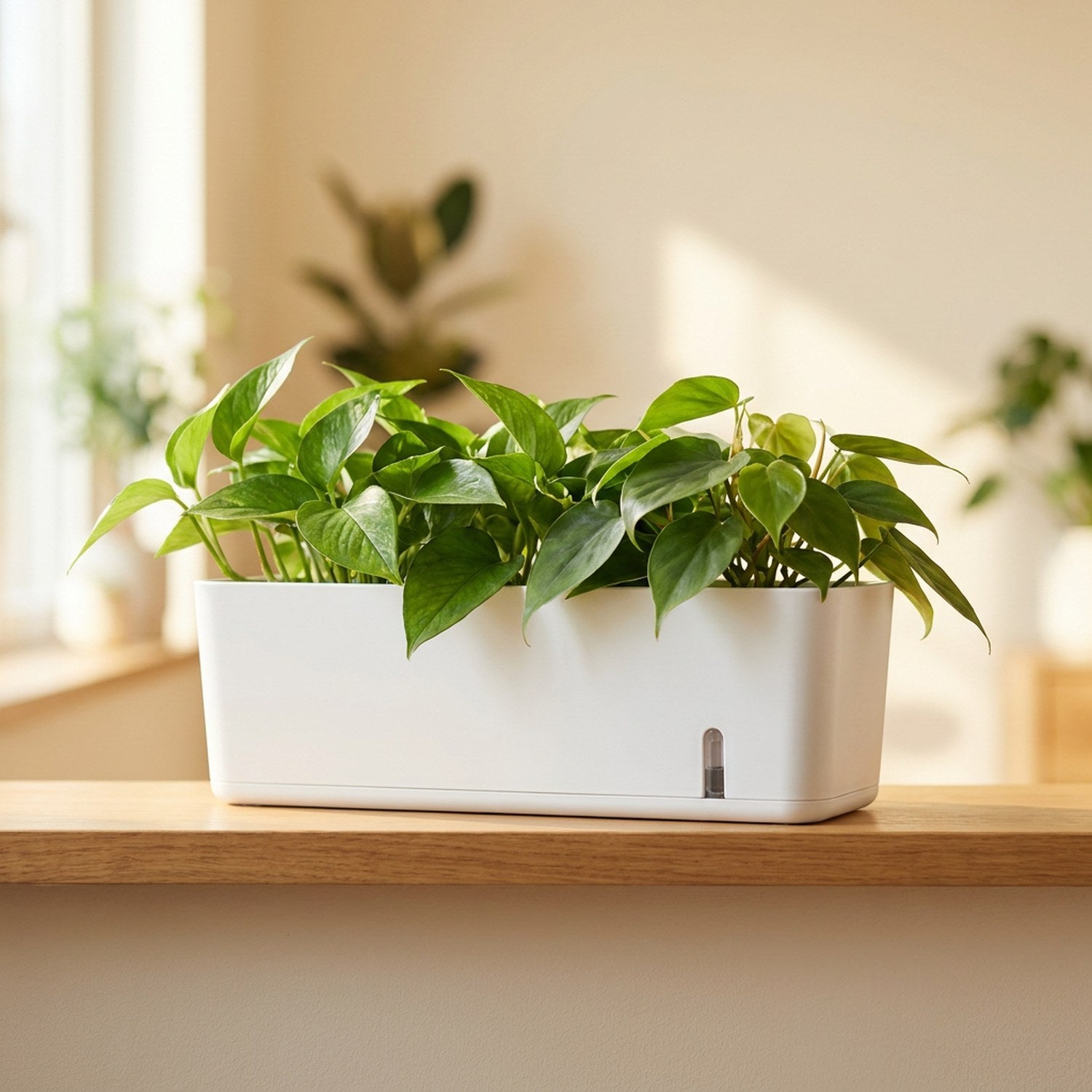 Jardinière auto-arrosante 40cm avec pothos sur rebord de fenêtre