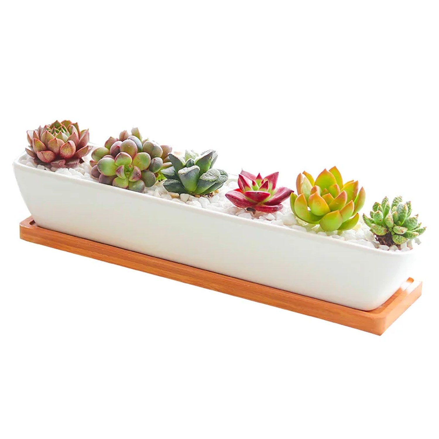 Jardinière rectangulaire blanche avec plateau en bambou vue en angle