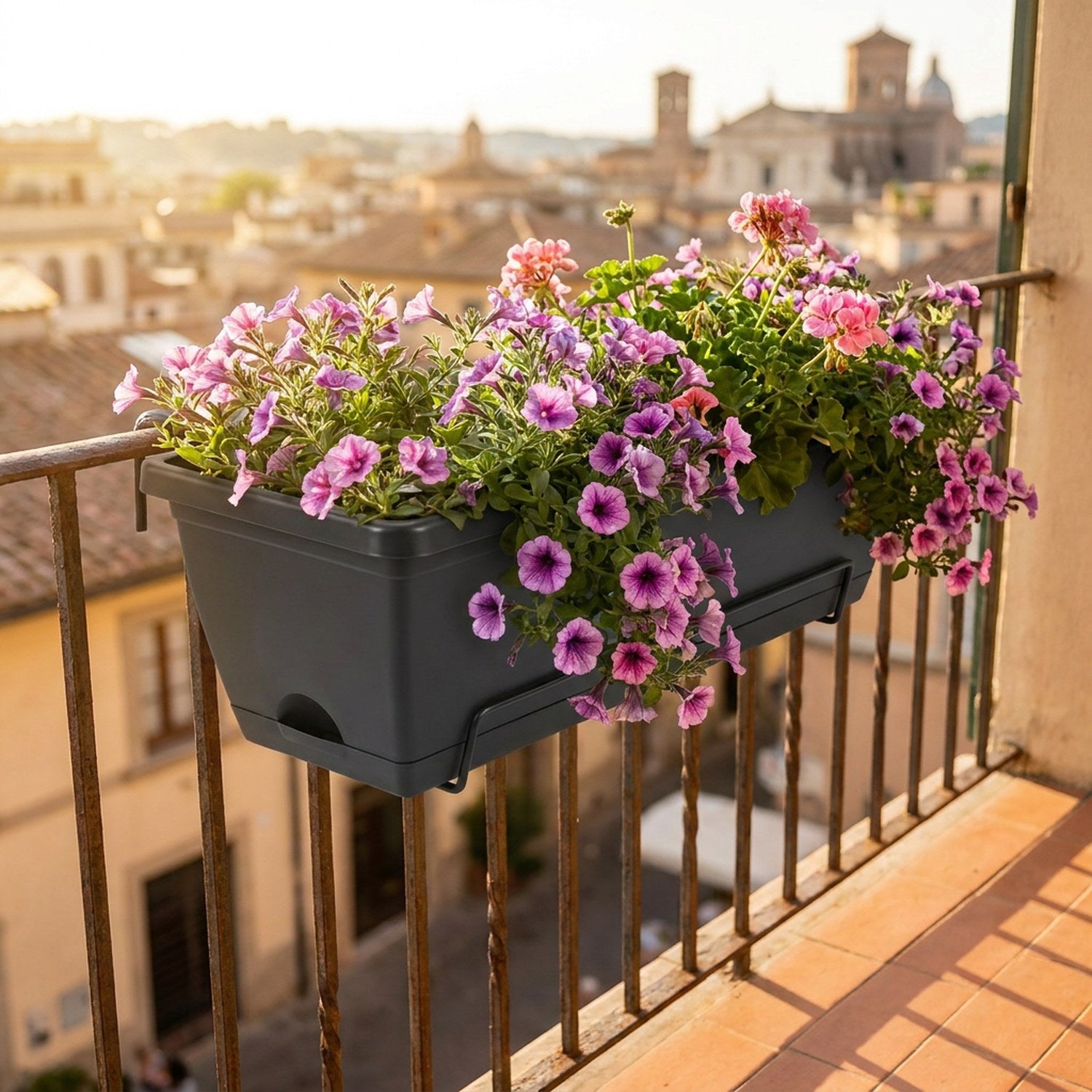 Jardinière de balcon noire avec pétunias roses sur garde-corps en fer forgé