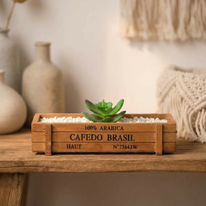 Jardinière en bois avec une succulente sur une étagère cosy aux tons naturels