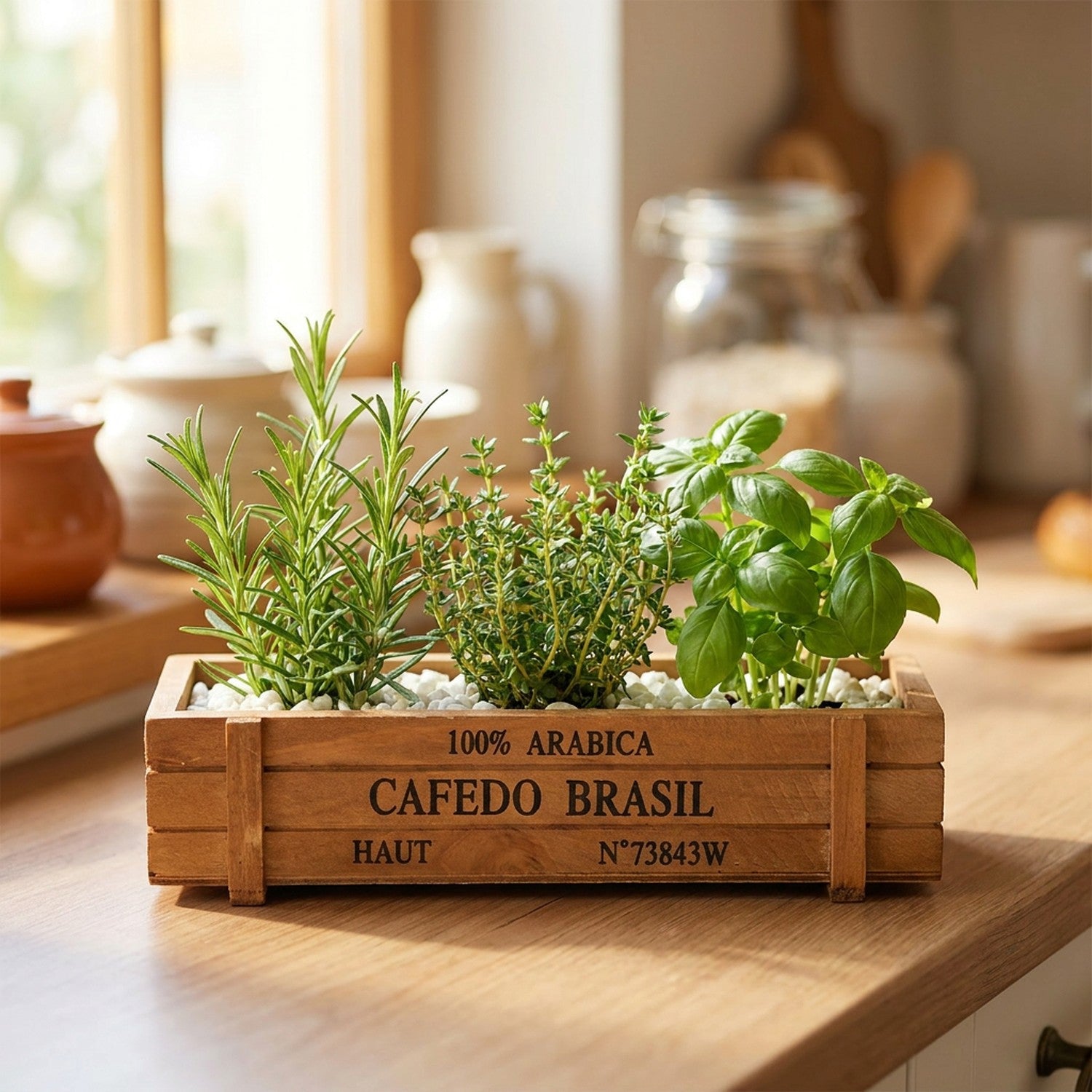 Jardinière en bois plantée d'herbes aromatiques fraîches sur un rebord de fenêtre de cuisine