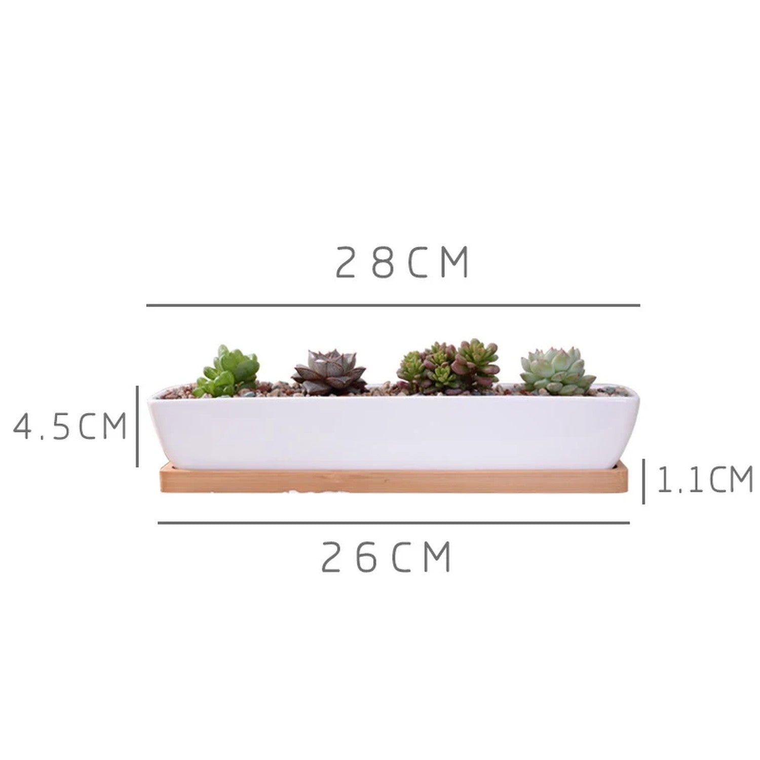 Dimensions de la jardinière en céramique 28 cm et du plateau en bambou 26 cm