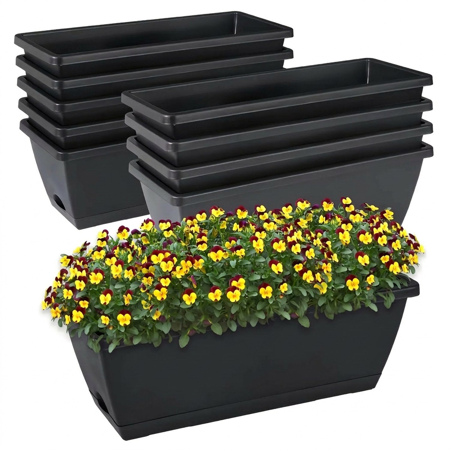 Lot de 3 jardinières rectangulaires noires en plastique empilées avec une jardinière fleurie