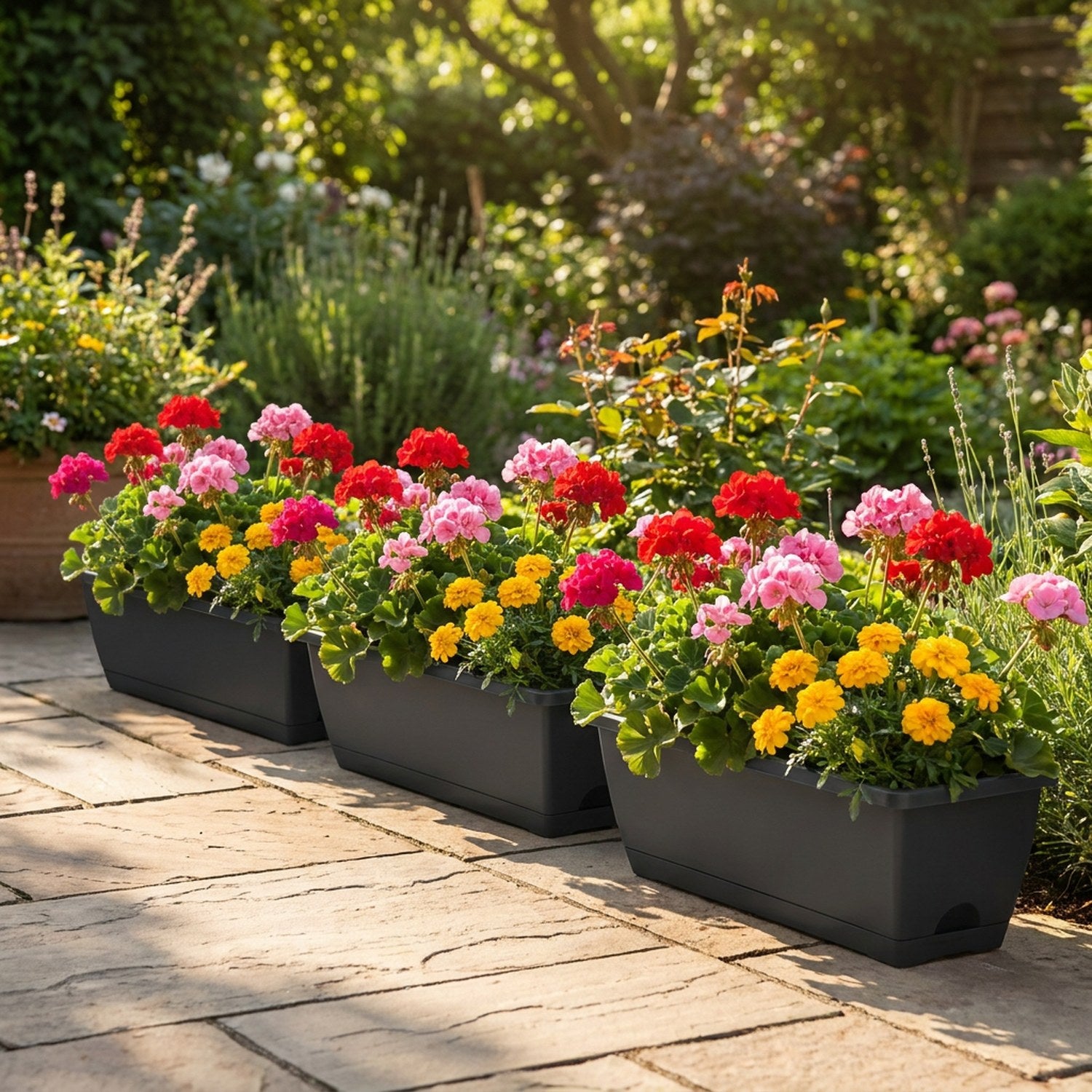 Trois jardinières noires en rangée sur terrasse de jardin avec géraniums et soucis