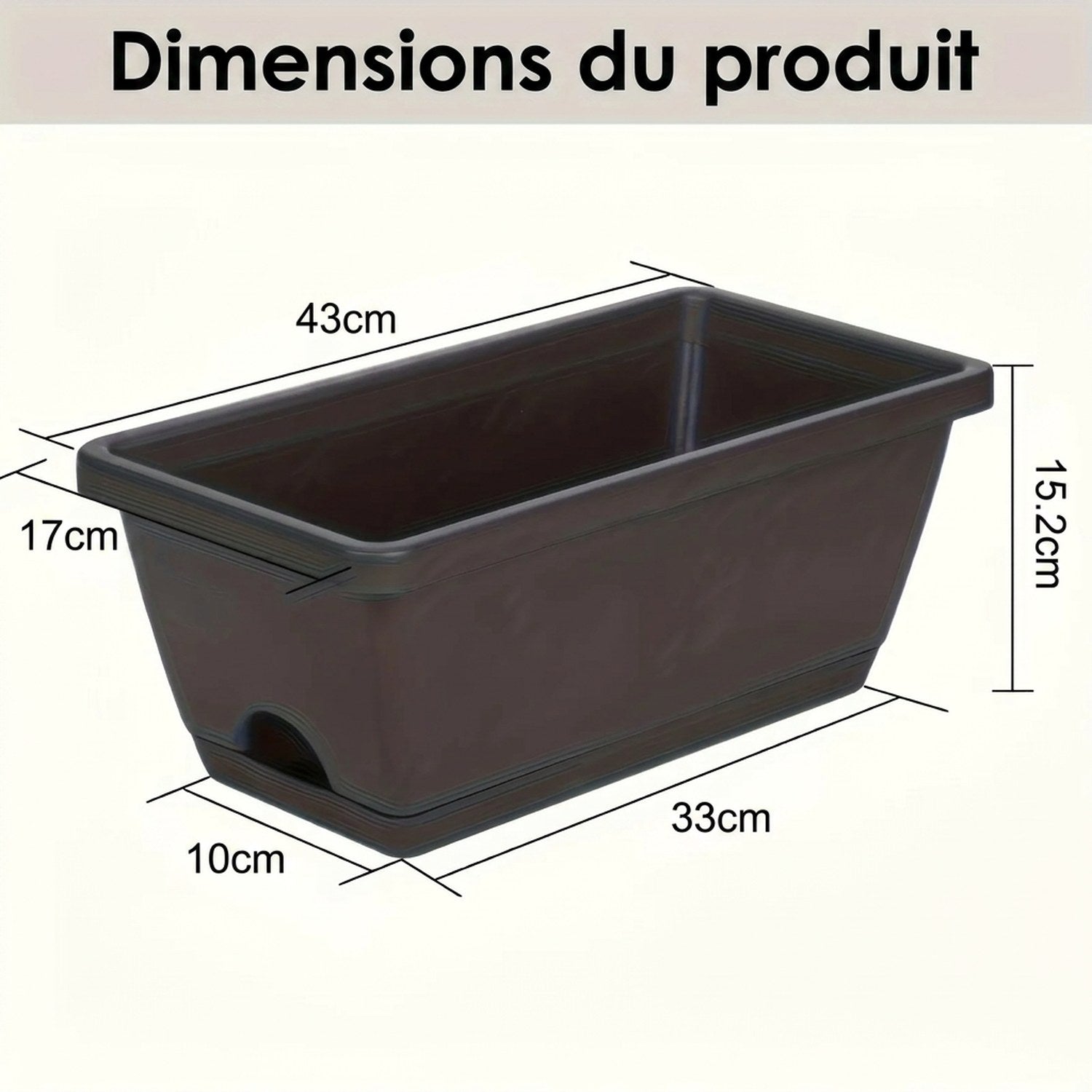 Dimensions du produit jardinière noire 43×17×15,2 cm