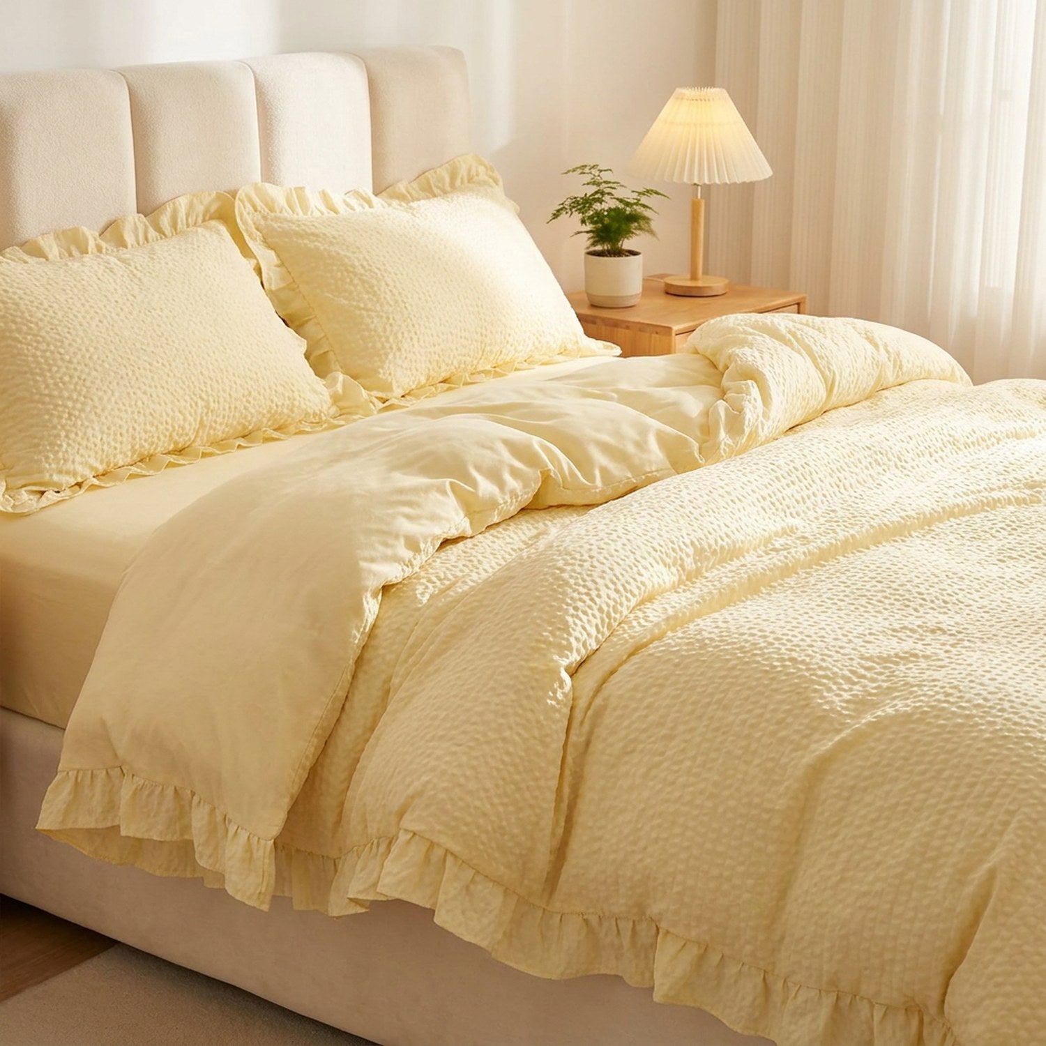 Parure de lit seersucker jaune tendre à volants sur un lit dans une chambre douce