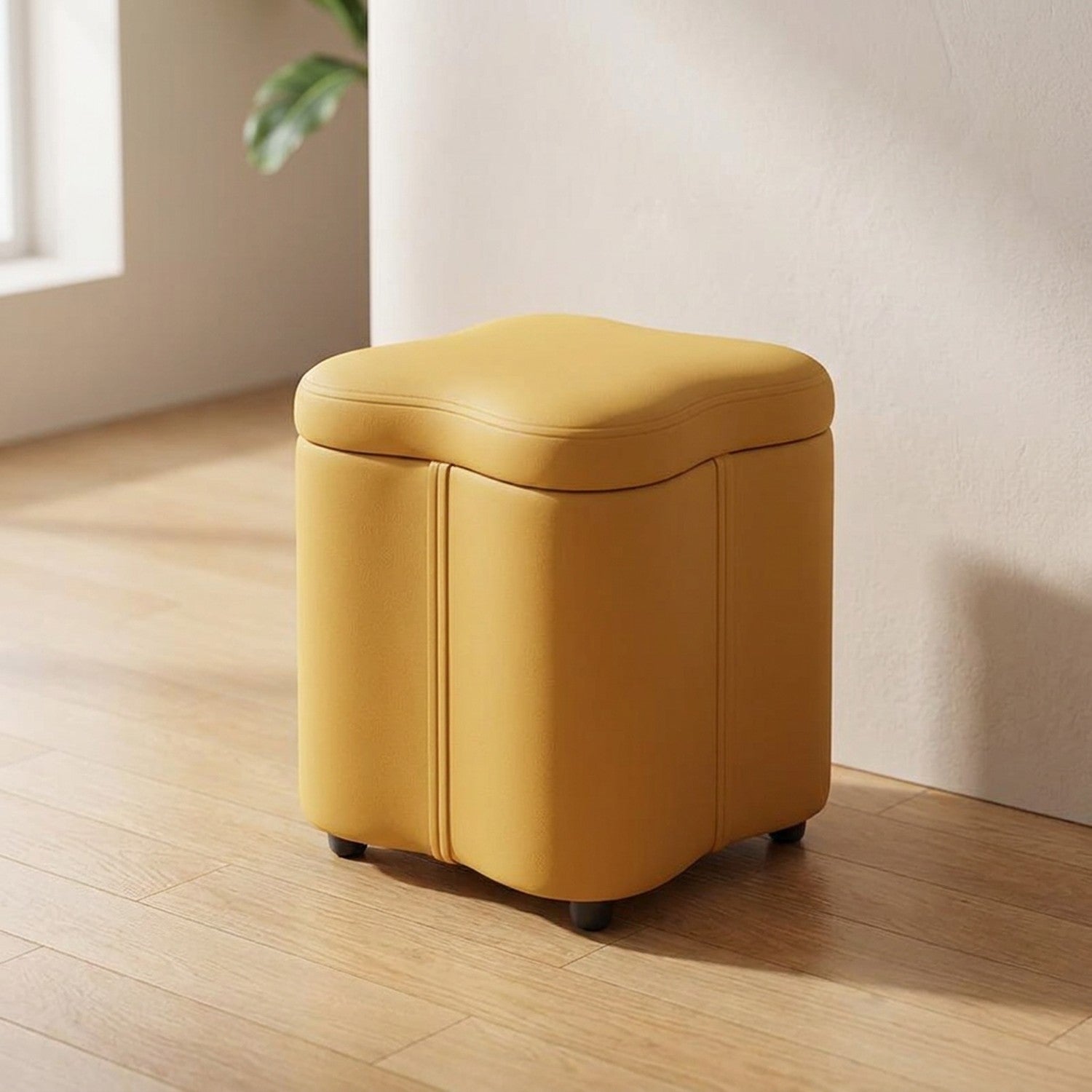 Tabouret coffre de rangement jaune moutarde à assise rembourrée arrondie