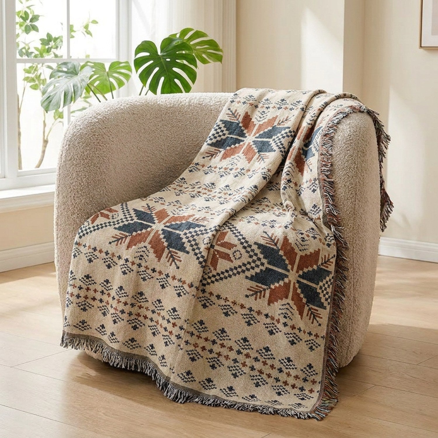 Jeté de canapé bohème drapé sur un fauteuil près d'une fenêtre lumineuse