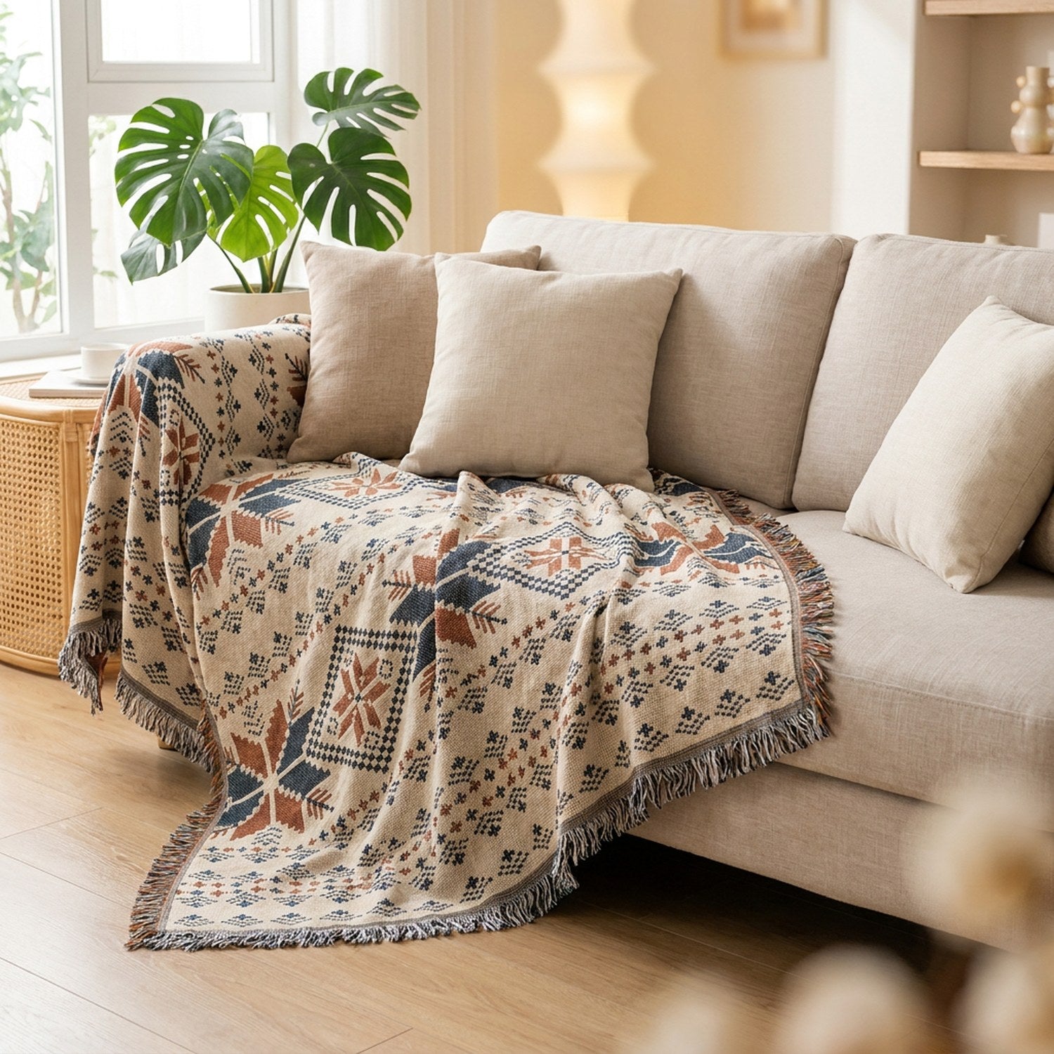 Jeté de canapé jacquard aux motifs ethniques bohèmes drapé sur un canapé clair dans un salon lumineux